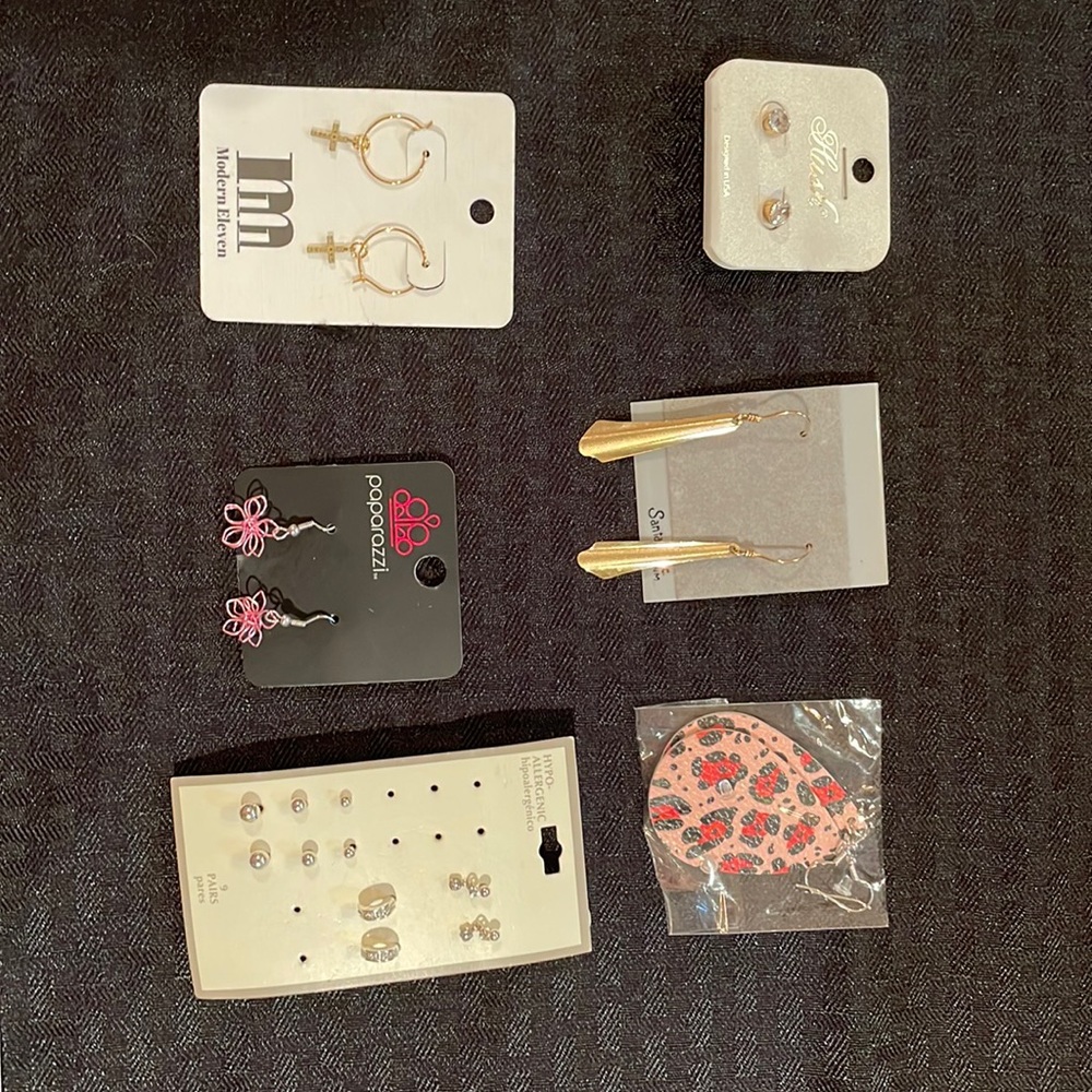 Earring Bundle Gold Tone Dangling, Pink Flower, Studs, Hoops With Cross NWT